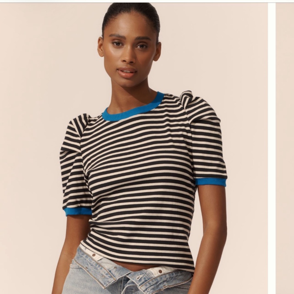 Anthropologie Rib Black and White Striped Top with Blue Trim